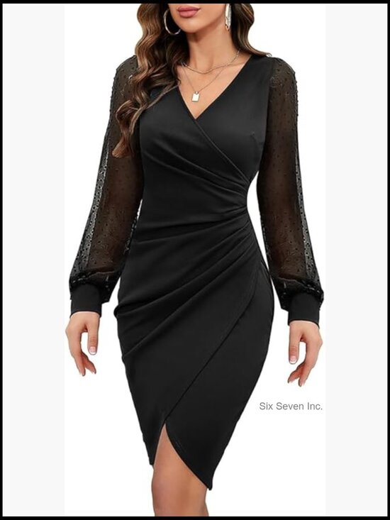 Dresses & Skirts - Sexy V Neck Mesh Long Sleeve Faux Wrap Ruched Sheath Bodycon Party Cocktail